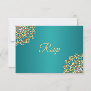 Personalised Teal Gold Indian Mandala RSVP Wedding Card