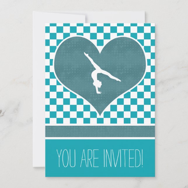 Personalised Teal Green Chequered Gymnastics Invitation (Front)