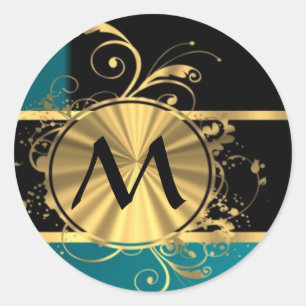 Personalised teal green vintage monogram classic round sticker