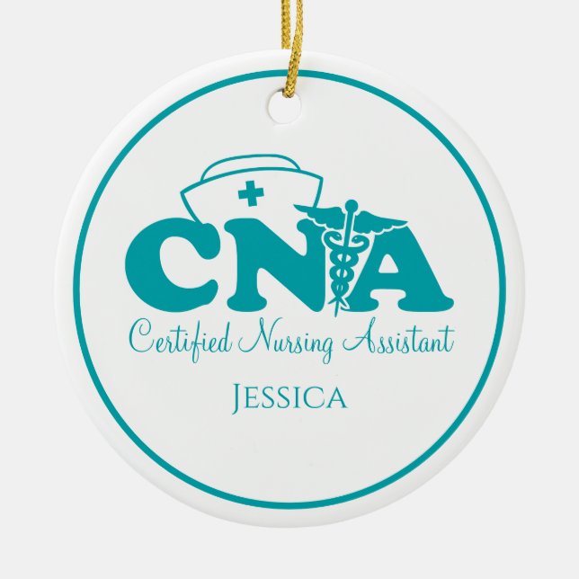 Personalised Teal Green White CNA Nurse Christmas  Ceramic Ornament (Front)
