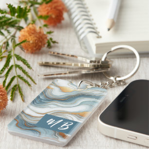 Personalised Teal Grey Blue Gold Marble Art Key Ring