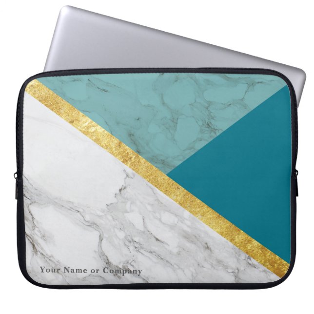 Personalised Teal Marble & Gold Laptop Case (Front)