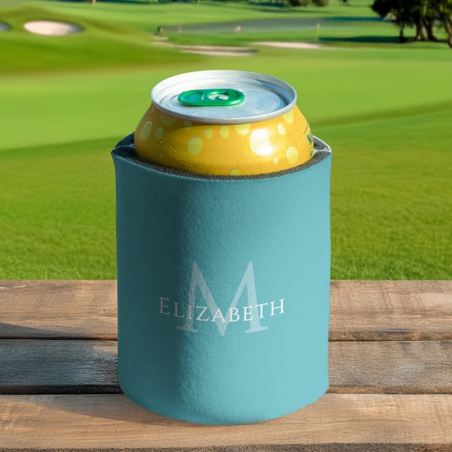 Personalised Teal Monogram Feminine Elegant Can Cooler (Personalized Teal Monogram Feminine Elegant Can Cooler)