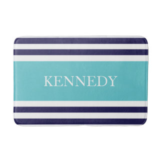 Personalised Teal Navy Nautical Stripes Pattern Bath Mat