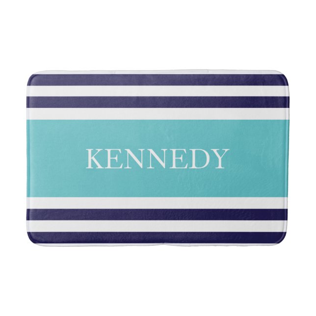 Personalised Teal Navy Nautical Stripes Pattern Bath Mat (Front)