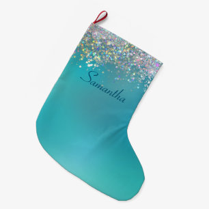 Personalised Teal Ombre Holographic Glitter Large Christmas Stocking