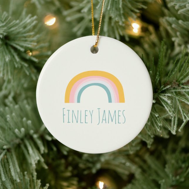 Personalised Teal Pink Yellow Rainbow Cute Simple Ceramic Ornament (Tree)