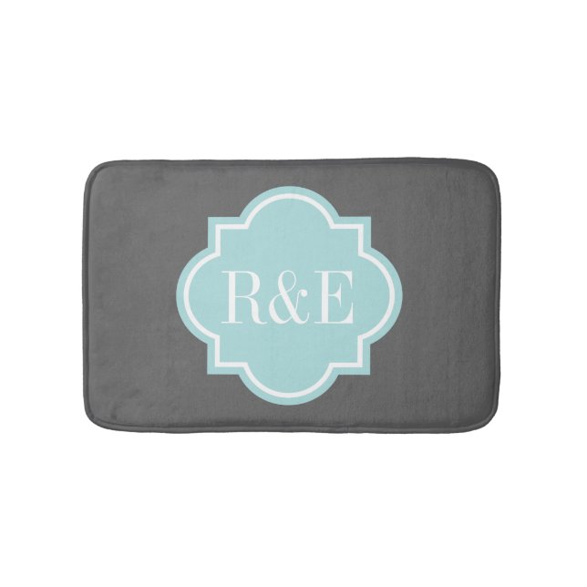 Personalised teal quatrefoil monogram bath mat (Front)