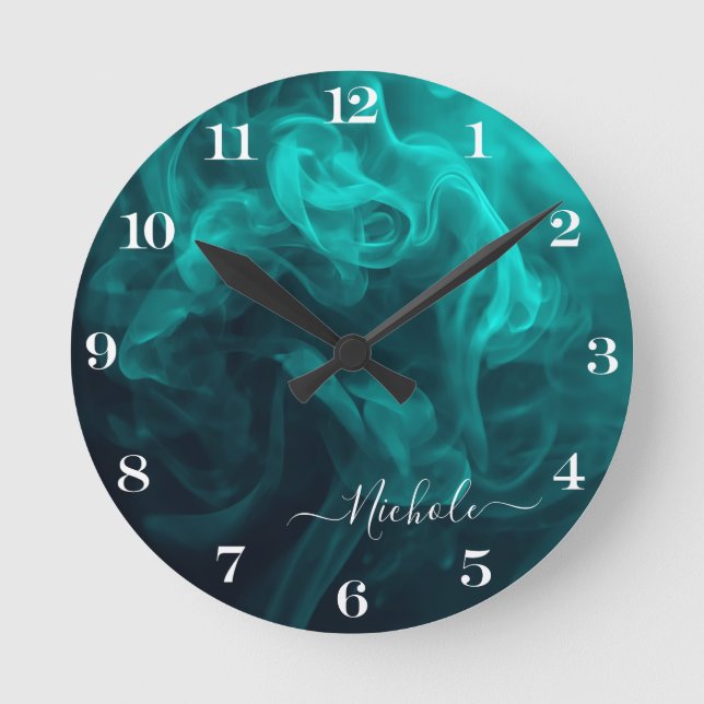 Personalised Teal Smoke Round Clock (Front)