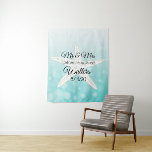 Personalised Teal Starfish Wedding Banner Tapestry