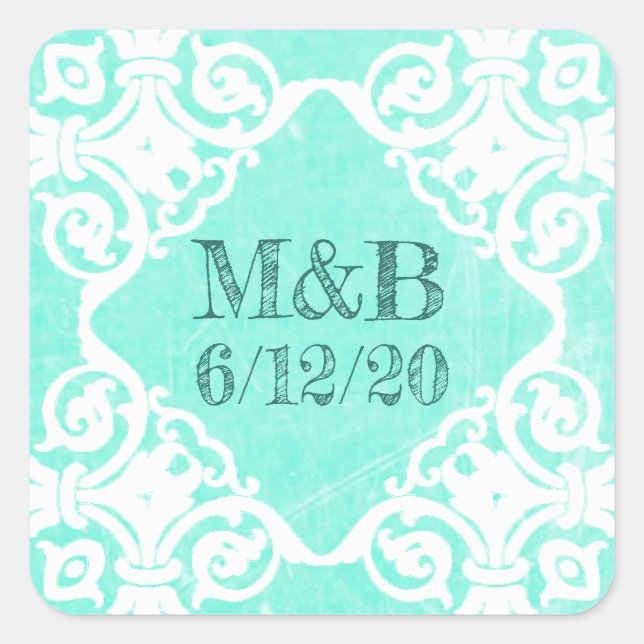 Personalised Teal Wedding Date & Initials Stickers (Front)