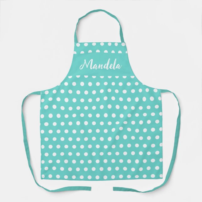 Personalised Teal White Polka Dot Apron (Front)
