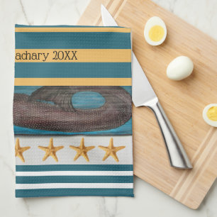 Personalised Teal White Yellow Striped Mermaid Tea Towel
