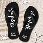 Personalised Team Bride Black Thongs<br><div class="desc">Black - or any colour - flip flops personalised with a first name and "Team Bride" or any wording you choose. Great bridesmaid gift, bachelorette party, flat shoes for the wedding reception, or a fun bridal shower favour. Change the colour straps and footbed, too! More colours done for you in...</div>
