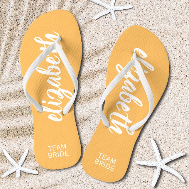 Personalised Team Bride Orange and White Thongs (Personalized Team Bride Melon Light Orange and White Flip Flops)