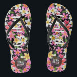 Personalised Team Bride Tropical Flowers Thongs<br><div class="desc">Flip flops personalised with a first name and "Team Bride." Great bridesmaid gift,  bachelorette party,  flat shoes for the wedding reception,  or a fun bridal shower favour. Change the colour straps and footbed,  too! MATCHING items in our store.</div>