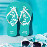 Personalised Team Bride Turquoise and White Thongs<br><div class="desc">Turquoise and white - or any colour - flip flops personalised with your name and "Team Bride" or any wording you choose. Great bridesmaid gift, bachelorette party, flat shoes for the wedding reception, or a fun bridal shower favour. Change the colour straps and footbed, too! More colours done for you...</div>