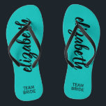 Personalised Team Bride Turquoise Thongs<br><div class="desc">Turquoise blue - or any colour - flip flops personalised with your name and "Team Bride" or any wording you choose. Great bridesmaid gift, bachelorette party, flat shoes for the wedding reception, or a fun bridal shower favour. Change the colour straps and footbed, too! More colours done for you in...</div>