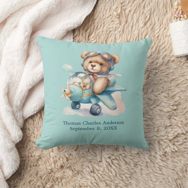Personalised Teddy Bear Aeroplane Baby Boy Gift Cushion (Blanket)