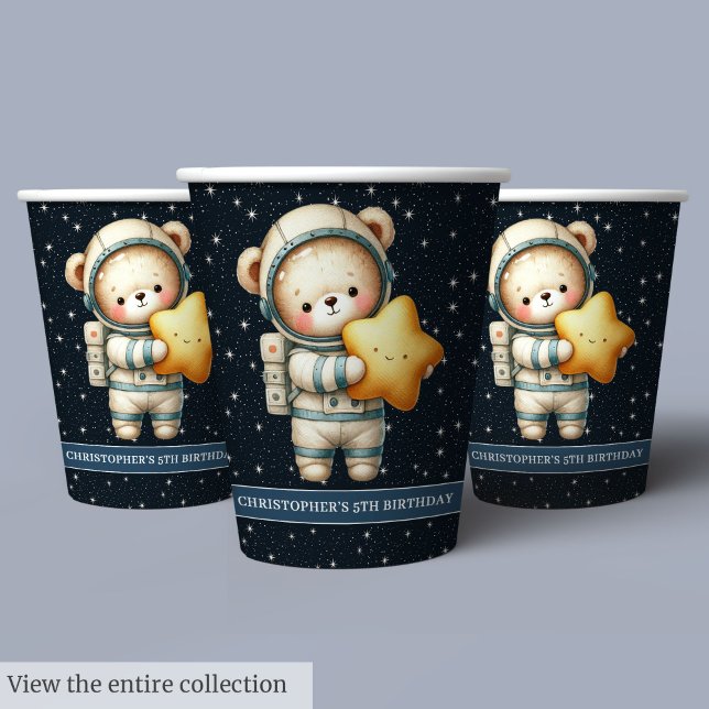 Personalised Teddy Bear Astronaut Boy Birthday Paper Cups (Personalized Teddy Bear Astronaut Boy Birthday Paper Cups)