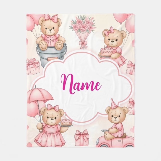 Personalised Teddy Bear Baby Blanket with Name (Front)