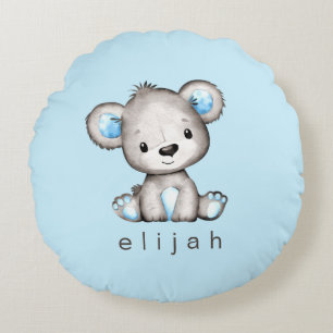 Personalised Teddy Bear Baby Boy Blue Round Cushion