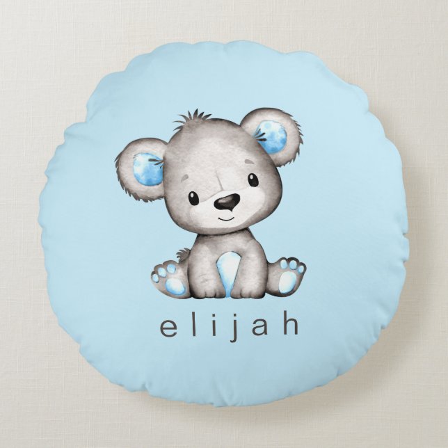 Personalised Teddy Bear Baby Boy Blue Round Cushion (Front)