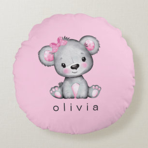 Personalised Teddy Bear Baby Girl Pink Round Cushion