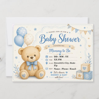 Personalised Teddy Bear Baby Shower Blue Beige Invitation