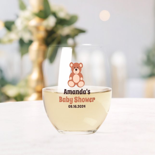 Personalised Teddy Bear Baby Shower Party Favours Stemless Wine Glass (Insitu (Wedding))