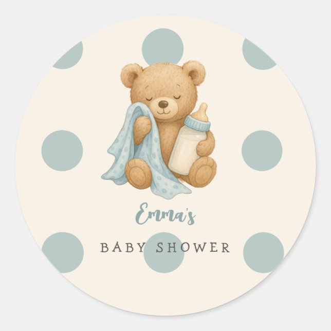 Personalised Teddy Bear Boy Baby Shower Sticker (Front)