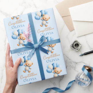Personalised Teddy Bear Boy Baby Shower  Wrapping Paper