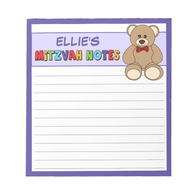 Personalised Teddy Bear Mitzvah Notepad - Purple (Front)