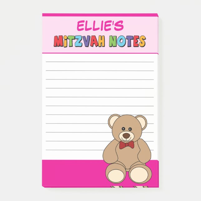 Personalised Teddy Bear Mitzvah Pink Post-it Notes (Front)
