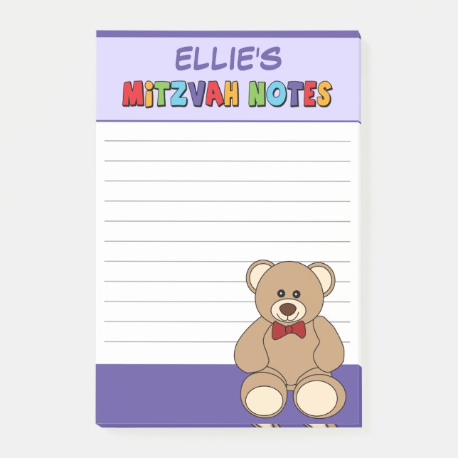 Personalised Teddy Bear Mitzvah Post-its - Purple Post-it Notes (Front)