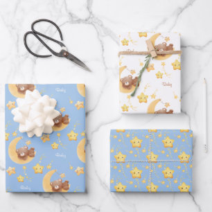 Personalised Teddy Bear Moon Baby Shower Wrapping Paper Sheet