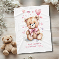 Personalised Teddy Bear Pink Bow Hearts Baby Girl