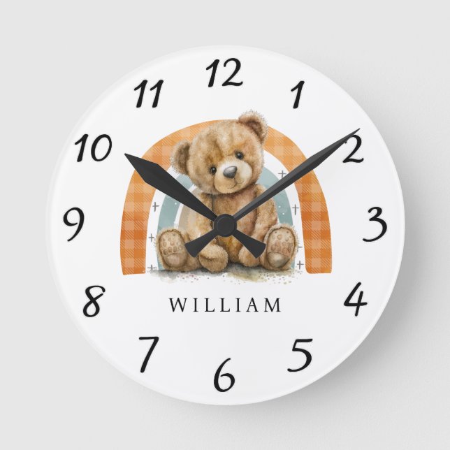 Personalised Teddy Bear Rainbow Boho Nursery  Round Clock (Front)