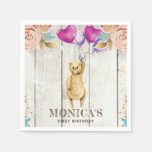 Personalised Teddy Bear Rustic Birthday Napkin (Front)