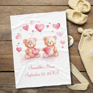 Personalised Teddy Bears Pink Red Hearts Baby Fleece Blanket