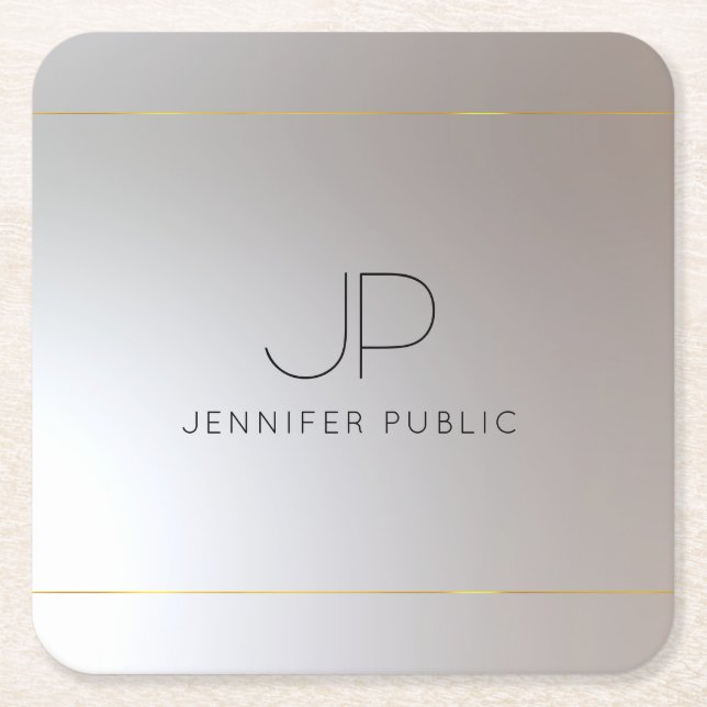 Personalised Template Gold Silver Monogram Initial Square Paper Coaster (Front)