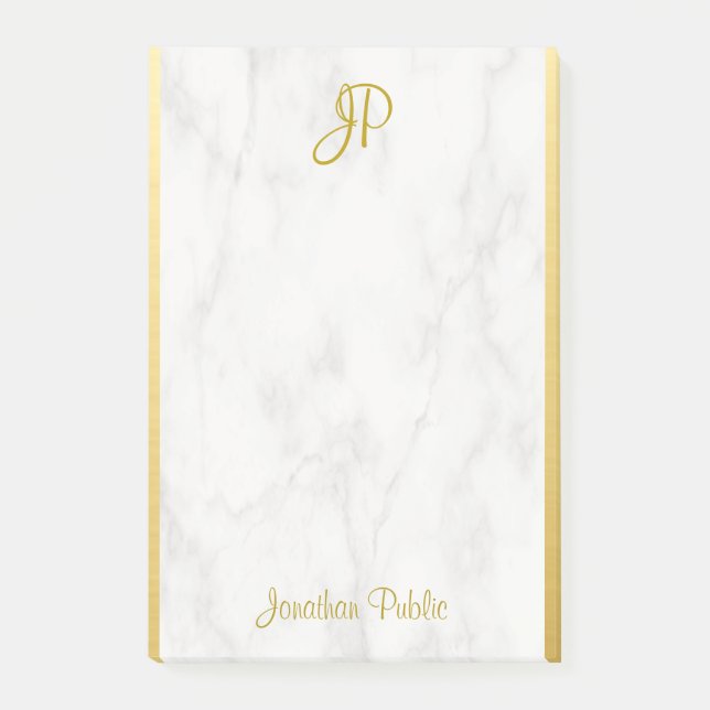 Personalised Template White Marble Gold Monogram Post-it Notes (Front)
