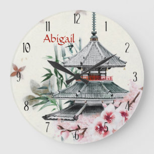 Personalised Temple, Bamboo, Cherry Blossoms Japan Large Clock