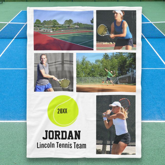 Personalised Tennis 5 Photo Collage Name Year Fleece Blanket (Creator Uploaded)