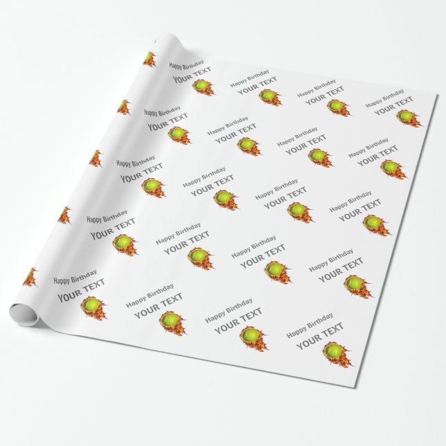 Personalised Tennis Ball on Fire Tennis Theme Gift Wrapping Paper (Unrolled)