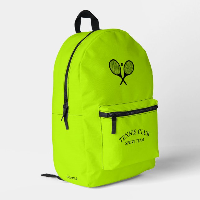Personalised Tennis Club Racket Lime colour  Printed Backpack (Back Corner Left)