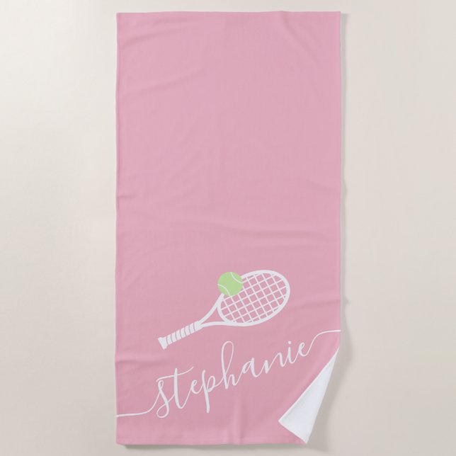 Personalised Tennis Coach Player Monogram Pink Beach Towel (Front)