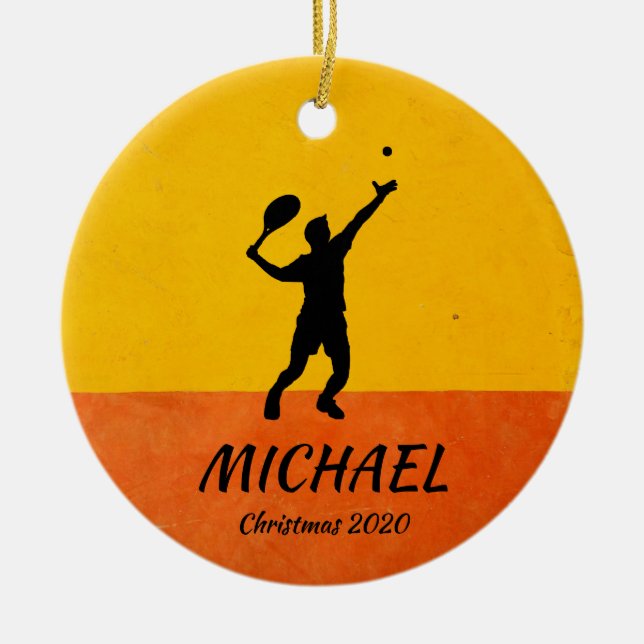 Personalised Tennis Player Coach Serve Yellow Xmas Ceramic Ornament (Front)