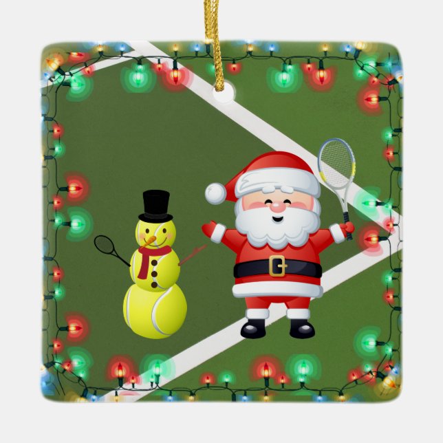 Personalised Tennis Snowman and Santa Claus Ceramic Ornament (Front)