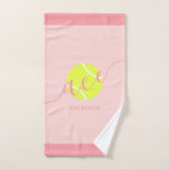 Personalised Tennis Sport Pink Hand Towel<br><div class="desc">Personalised rose gold blush and coral pink tennis towel with a simple cute tennis ball "ace" design and custom name or text in a feminine girly and modern pretty script font monogram. Any girls or womens tennis player would appreciate the elegant look on this modern and minimal useful tennis themed...</div>